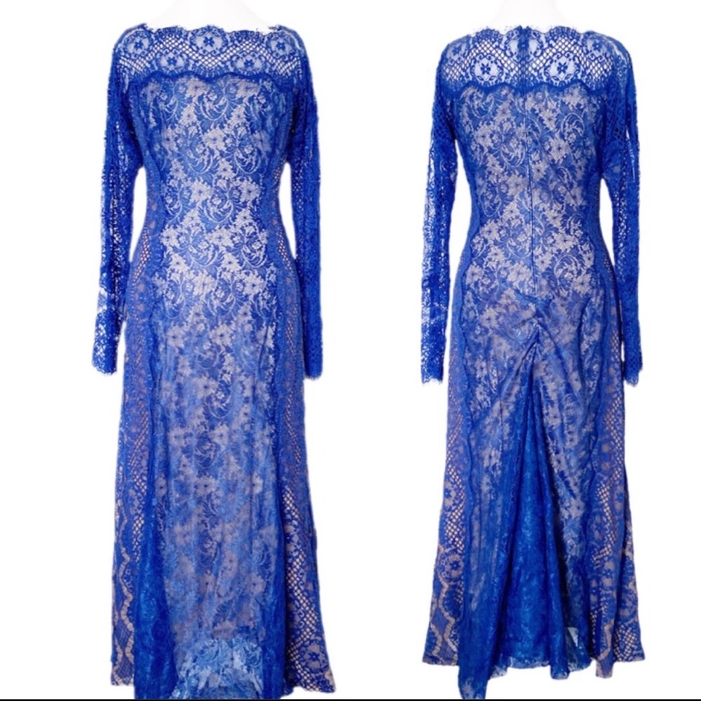 NWT! Tadashi Shoji blue tan blue lace long sleeve